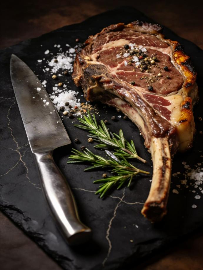 Côte de bœuf d’exception sur ardoise noire, style gastronomique sombre.