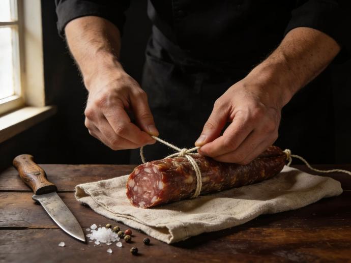 Mains d’artisan nouant un saucisson sec sur table en bois sombre.