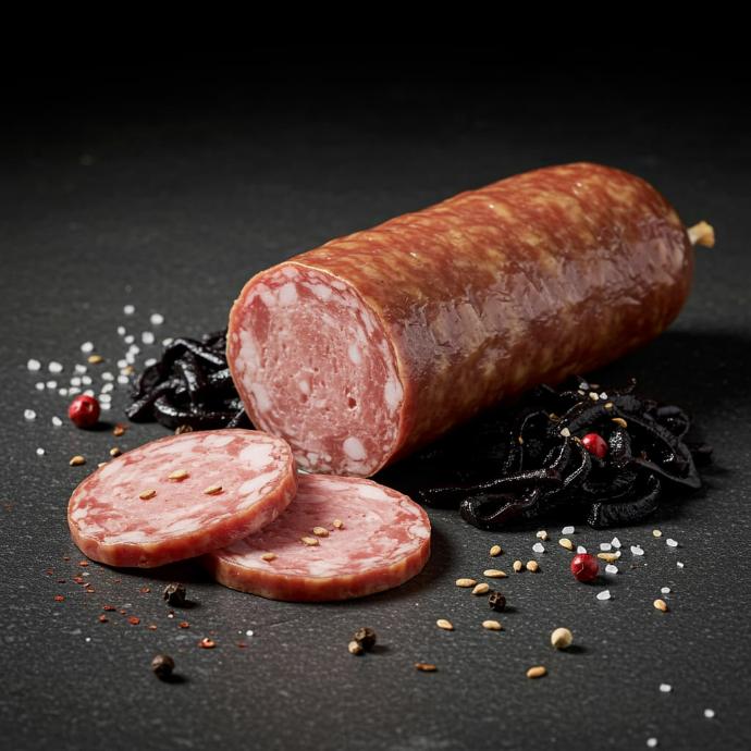 Saucisson sec premium sur ardoise noire, style gastronomique sombre.