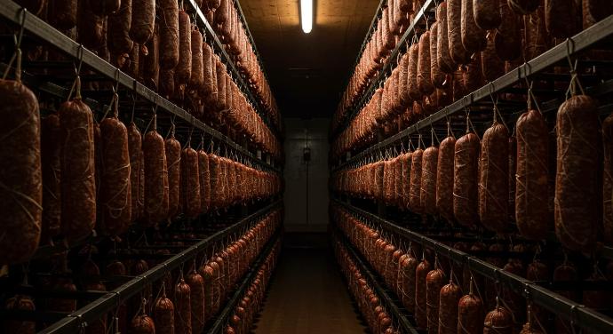 Cave d’affinage premium illustrant la maîtrise et la conservation des salaisons.