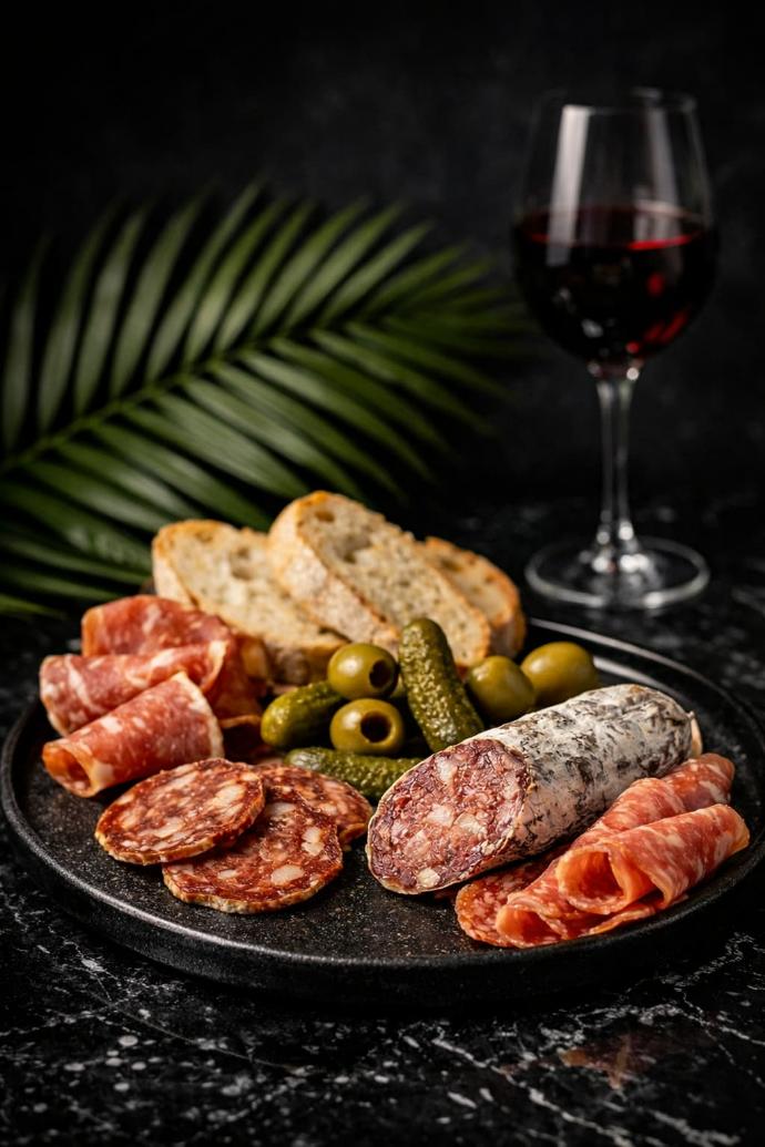 Plateau apéro de charcuteries et vin rouge, ambiance sombre et gastronomique.