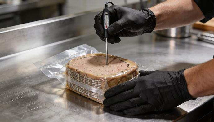 Contrôle qualité en atelier premium, terrine de foie gras sur plan inox.