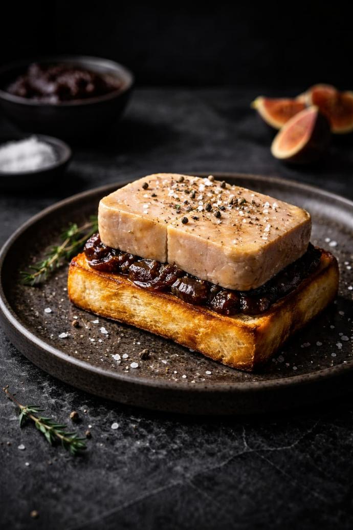 Foie gras mi-cuit sur brioche toastée et confit, style gastronomique sombre.