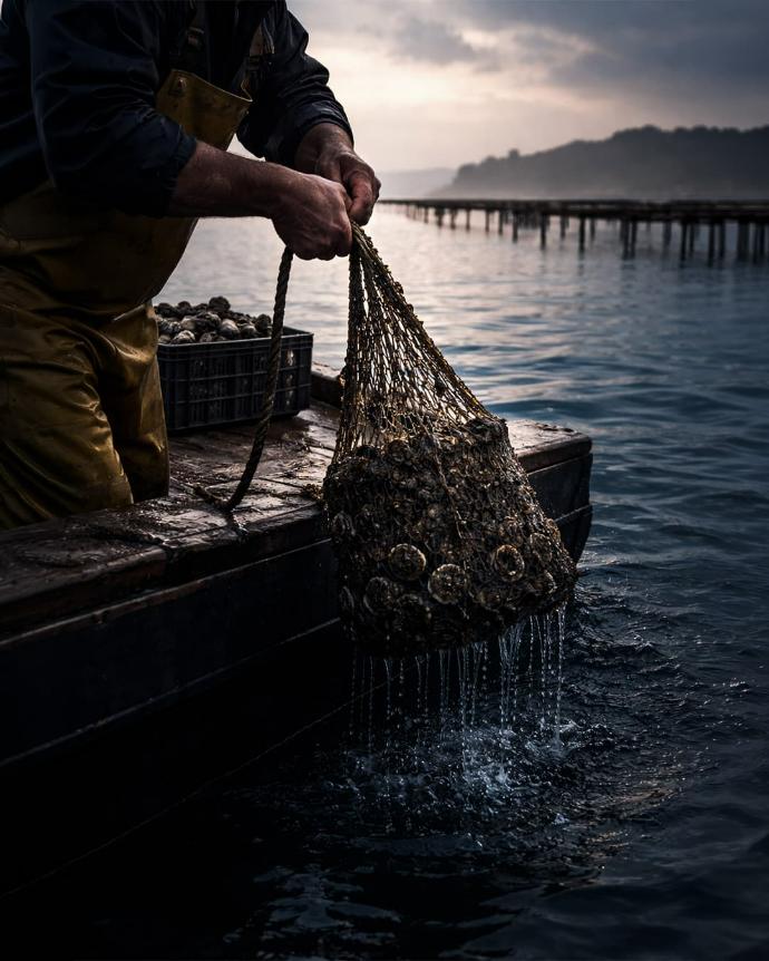 Récolte d’huîtres en lagune au lever du jour, geste ostréicole.