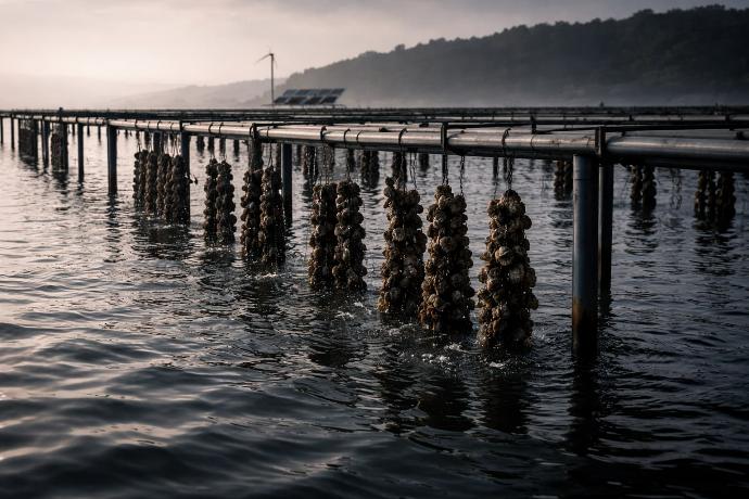 Parc ostréicole en lagune avec émergence contrôlée, ambiance premium.