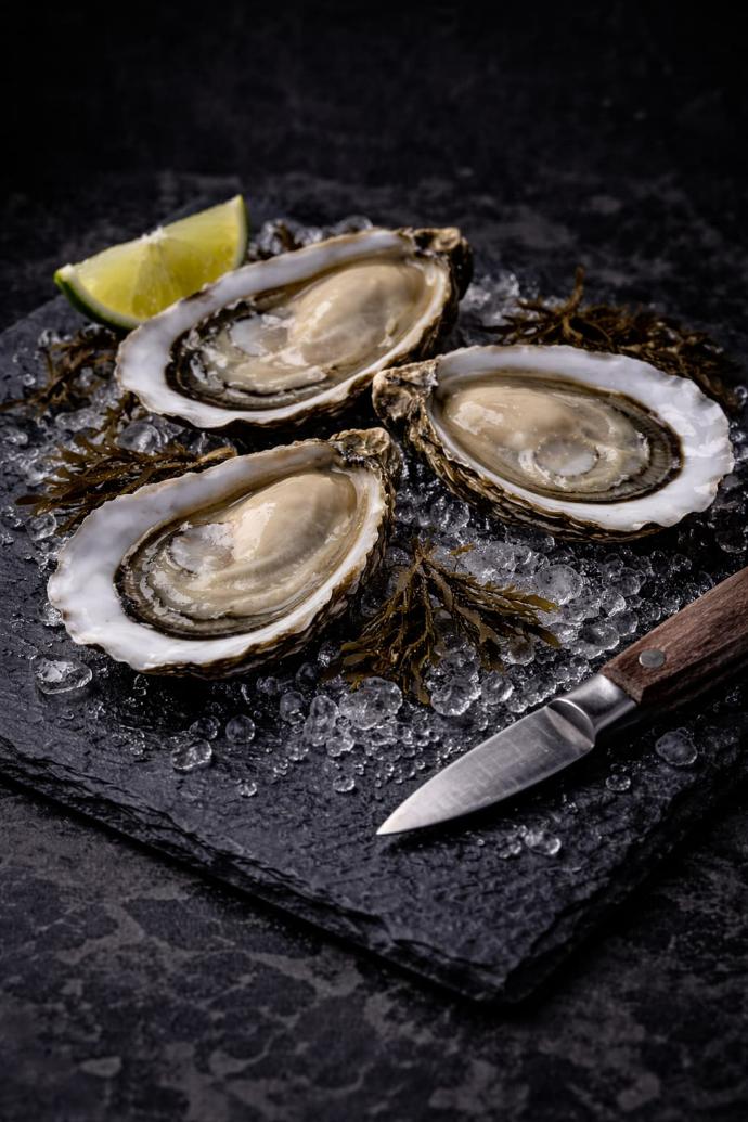 Huîtres ouvertes sur glace, style gastronomique sombre.