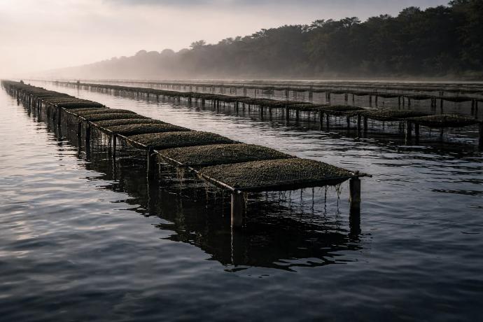 Marais ostréicole et filières, ambiance premium illustrant maîtrise et affinage.