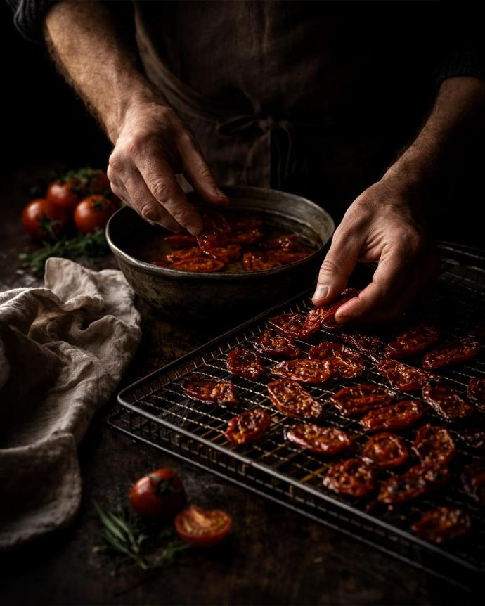 Préparation artisanale de pétales de tomates, ambiance épicerie fine sombre.