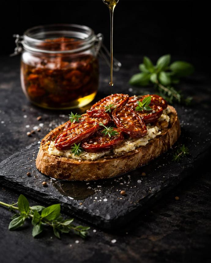 Pétales de tomates confites sur toast, style gastronomique sombre.