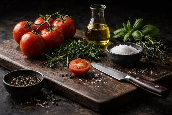 Ingrédients sélectionnés et préparation soignée, ambiance épicerie fine premium.