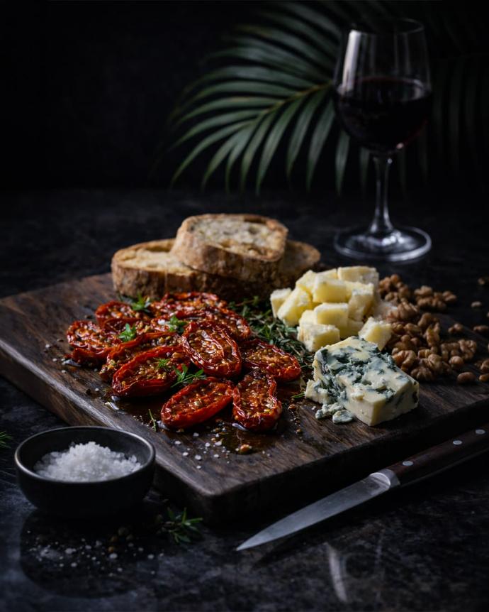 Accords apéritifs autour des pétales de tomates, table sombre gastronomique.