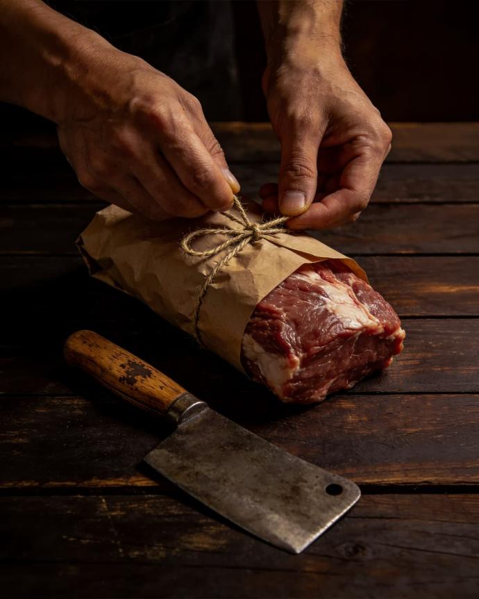 Mains d’artisan boucher préparant une pièce de viande sur plan de travail sombre.