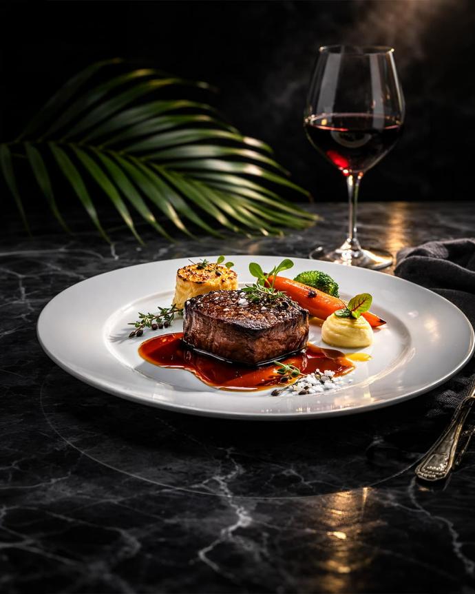 Accord viande de bœuf gastronomique et vin rouge sur table sombre.